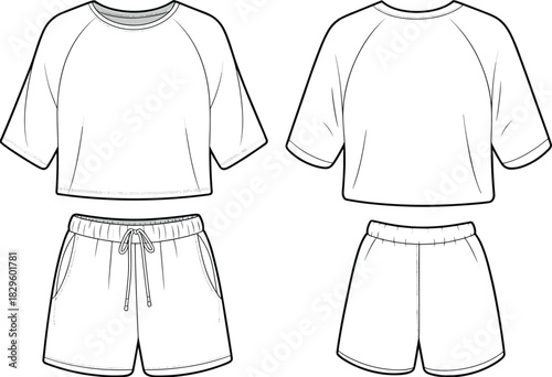 CAD flat sketch of raglan sleeve crop top and drawstring shorts set, front and back view, fashion design template vector