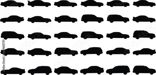 Car silhouette vector collection, black vehicle shapes, sedan SUV icons, side view transport symbols, automotive silhouette set for graphic design, automotive clipart, and car illustration projects