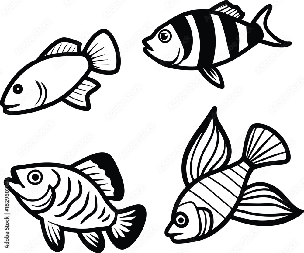 Fototapeta premium Four black and white cartoon fish illustrations animal