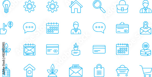 Collection of business and communication icons in blue outline style