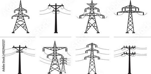 Set of eight electrical transmission tower silhouettes, utility poles and power line structures, vector icons showing diverse high-voltage support designs and configurations