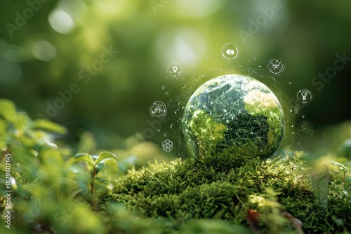 A globe representing Earth rests on moss, surrounded by greenery and nature-related icons