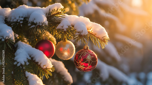 Snow-covered evergreen branches adorned with red and gold ornaments, glowing in the soft sunset light.