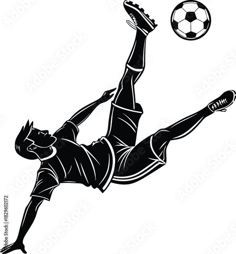 Black and white silhouette of a soccer player performing a bicycle kick