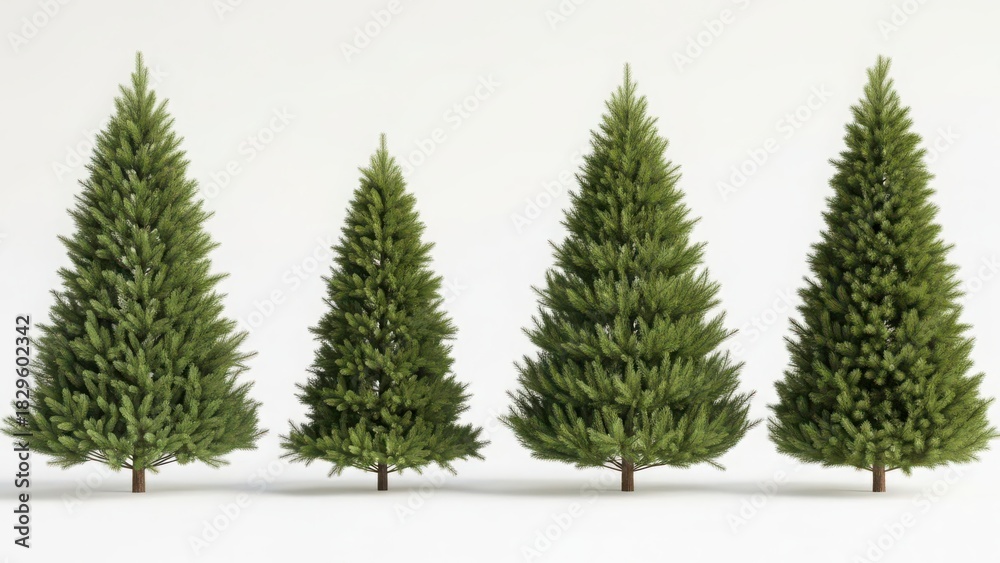 Obraz premium Realistic rendering of a row of four green evergreen coniferous trees, ideal for seasonal, nature, and holiday designs, on a clean background