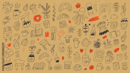 A pattern of hand drawn coffee shop and cafe themed doodles on a brown background with orange accents