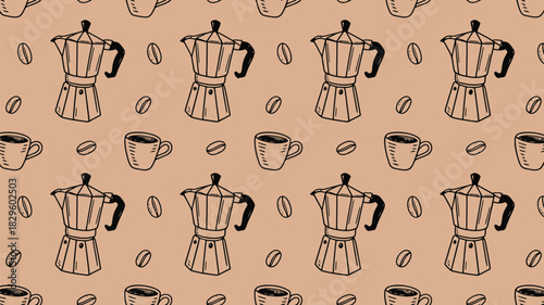 Seamless pattern with moka pots coffee cups and beans on a light brown background for textile design