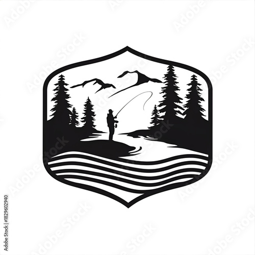 Solitude by the Stream: Silhouette of a fisherman casting his line amidst the serene backdrop of towering trees and majestic mountains. The scene evokes a sense of tranquility, outdoor adventure.