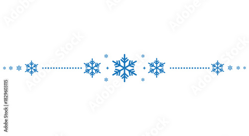 Decorative horizontal divider with blue snowflakes arranged around a central motif and dotted lines on a clean white background, perfect for winter invitations, greeting cards, web banners and holiday