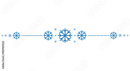 Decorative horizontal divider with blue snowflakes arranged around a central motif and dotted lines on a clean white background, perfect for winter invitations, greeting cards, web banners and holiday