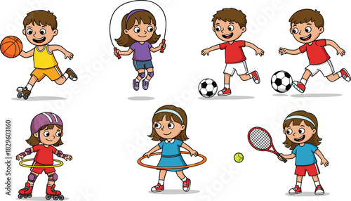 Cartoon children enjoying various sports and physical activities, kids playing games like football, tennis, skating, and hula hoop