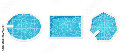 Swimming pool set bottom top view with blue water waves texture. Summer aqua surface with ripples. Spa pool geometrical shapes game texture