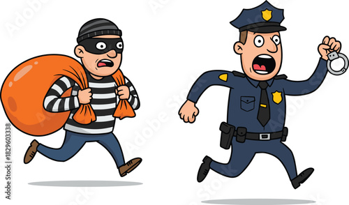 Cartoon policeman chasing thief with money bag, comic vector illustration, law enforcement scene, funny criminal escape, justice concept