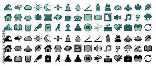 Relaxation and wellness solid icon set. featuring yoga, meditati