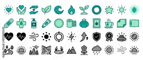 Wellness and nature solid icon set. containing heart, hands, lea