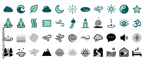 Nature and relaxation solid icon set. containing cloud, leaf, mo
