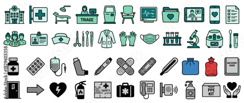 Medical and healthcare solid icon set. featuring hospital, medic