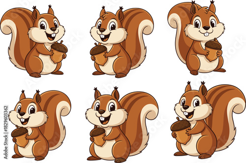 Cartoon squirrel with acorn, cute forest animal, smiling character, bushy tail, vector clipart set, front and side view, kids illustration, brown fur