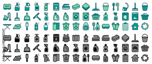 Cleaning and hygiene solid icon set. featuring soap, spray, mop,