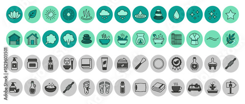 Spa and wellness solid icon set. containing lotus, sun, water, c