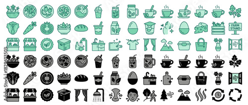 Food and wellness solid icon set. containing salad, juice, tea,
