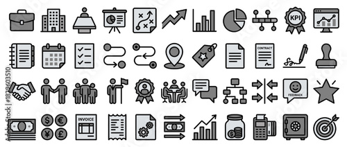 Business and office solid icon set. containing briefcase, presen