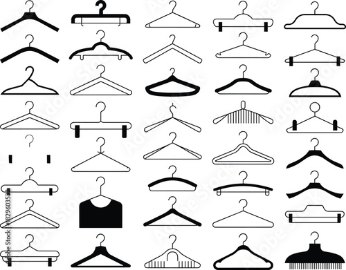 Clothes hanger icons, wardrobe silhouette set, modern coat hangers, closet essentials, garment hooks, minimal vector, fashion organization tools