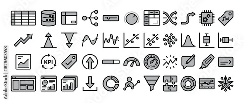 Data analysis and performance solid icon set. containing chart,