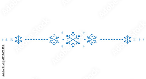 Decorative horizontal divider with blue snowflakes arranged around a central motif and dotted lines on a clean white background, perfect for winter invitations, greeting cards, web banners and holiday