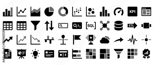Data analytics solid icon set. containing chart, graph, kpi, sql