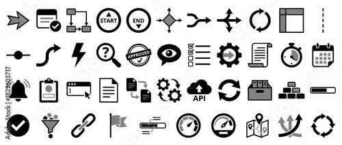 Business process solid icon set. containing workflow, start, end