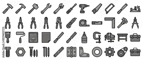 Tool and equipment solid icon set. containing hammer, wrench, sc