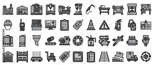 Industrial and safety solid icon set. factory, machinery, worker