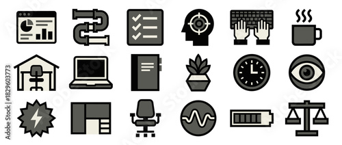 Office and productivity solid icon set. containing dashboard, pi