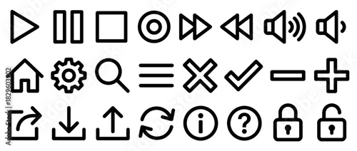 Media and interface solid icon set. containing play, pause, stop