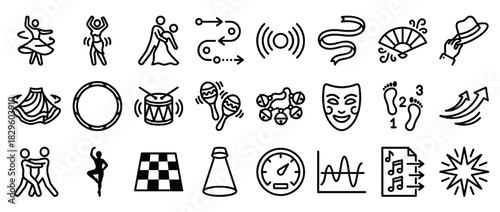 Dance and music solid icon set. containing salsa, ballet, drums,