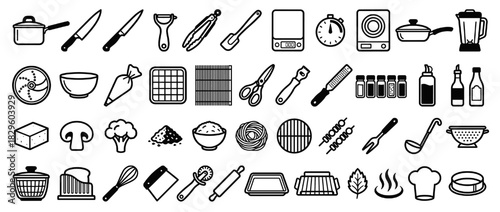 Kitchen solid icon set. containing pot, knife, peeler, whisk, bl