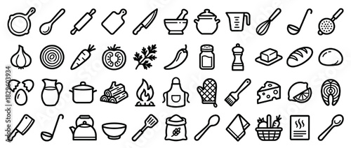 Cooking and kitchen solid icon set: pan, knife, pot, apron, oven