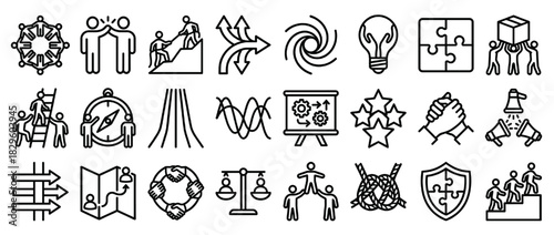 Teamwork and collaboration solid icon set. containing puzzle, co