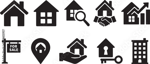 Silhouette real estate icon set featuring house, building, rent, sale, map, and property symbols.