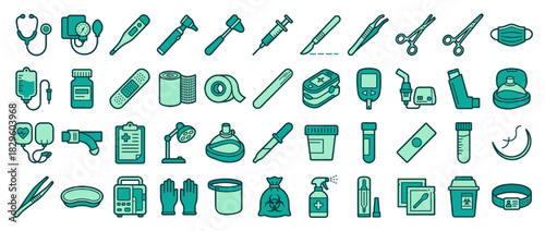 Medical and healthcare solid icon set. containing stethoscope, t