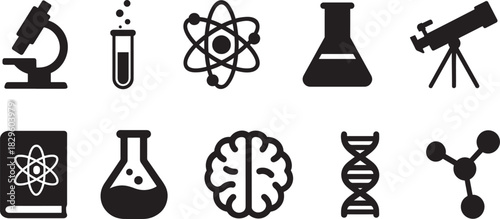 Silhouette science set icons featuring lab tools, atoms, formulas, experiments, and research symbols.