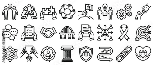 Business and leadership solid icon set. containing teamwork, pla