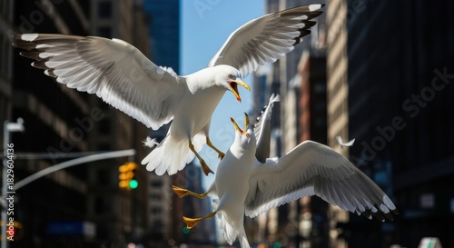 Seagulls combat above city street engaging in a battle for territorial dominance showing their