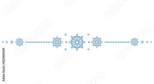 Decorative horizontal divider with blue snowflakes arranged around a central motif and dotted lines on a clean white background, perfect for winter invitations, greeting cards, web banners and holiday