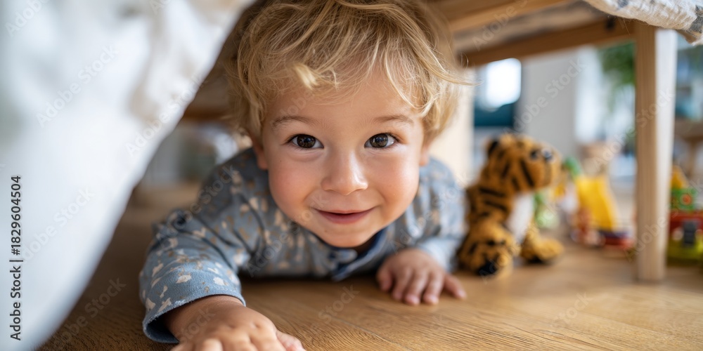 Naklejka premium Baby boy crawling under bed.
