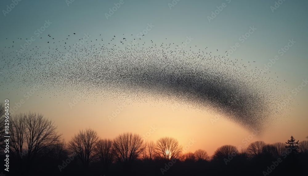 Fototapeta premium Thousands of starlings fly in a large flock formation at dusk. Birds create abstract shape against orange sky over bare trees. Natural wildlife spectacle at sunset.