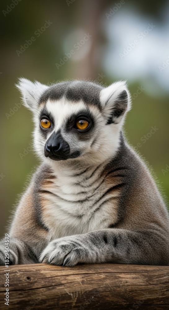 Naklejka premium Ring-tailed lemur portrait showcasing striking gaze against soft natural background atmosphere