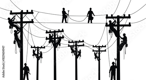 Silhouette of utility line workers on power poles, team of linemen climbing and repairing high‑voltage lines, safety harnesses and tools