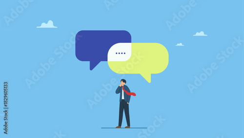 Businessman think from listening to second opinion and make decision. Second opinion, suggestion or advice to consider, reason or logical thinking, information to make decision or judgement.